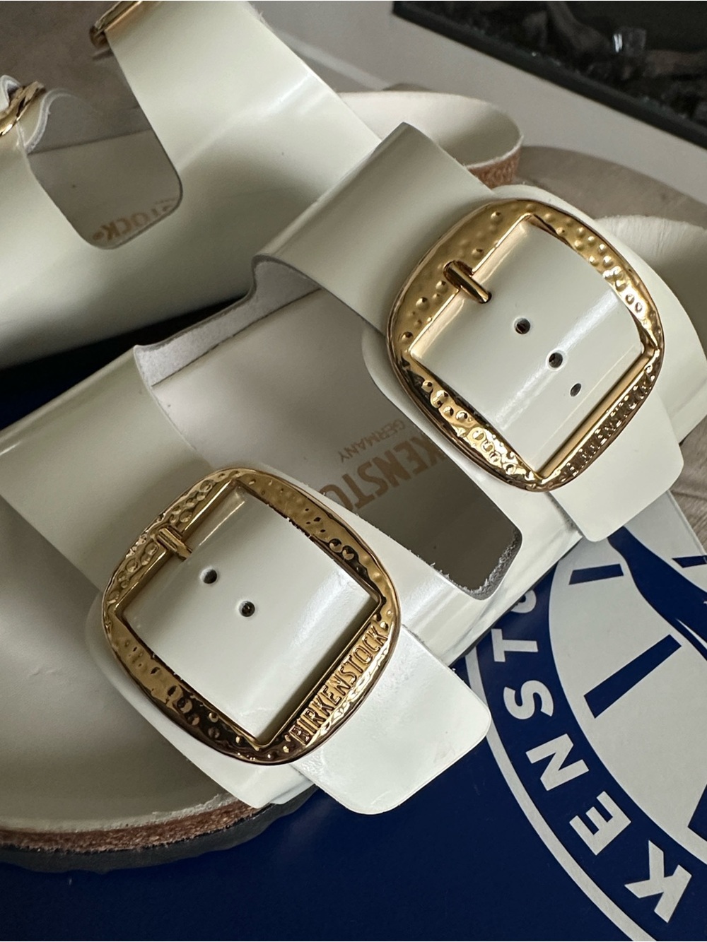 Birkenstock White Double-Strap Sandals with Gold Buckles - Picture 3 of 5